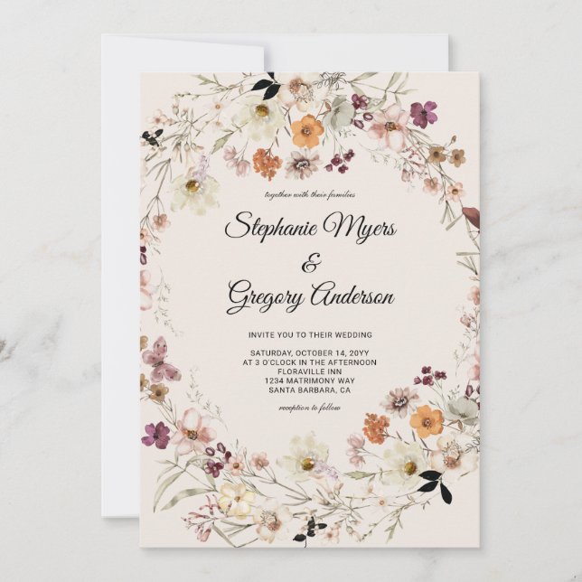 Invitation Élégant Boho Automne Mariage Fleur sauvage (Devant)