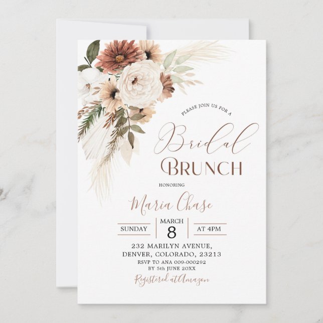 Invitation Elégant Boho Beige Pampas Grass Bridal Brunch (Devant)