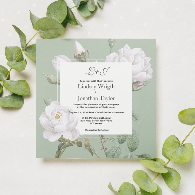 Invitation Elégant boho blanc menthe vert rose Mariage (Elegant boho white mint green rose floral Wedding Invitation )
