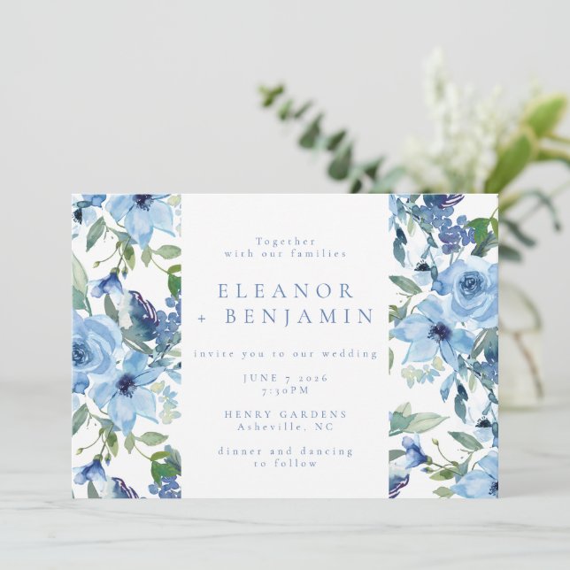 Invitation Elégant Boho bleu clair aquarelle Mariage floral (Debout devant)