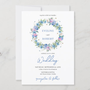 Invitation Elégant Boho bleu hydrangea couronne fleurie