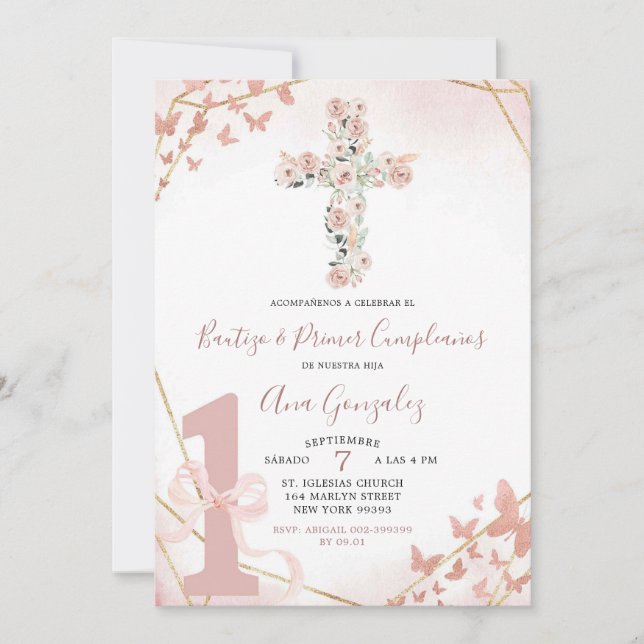 Invitation Élégant Boho Blush Baptême rose et premier anniver (Devant)