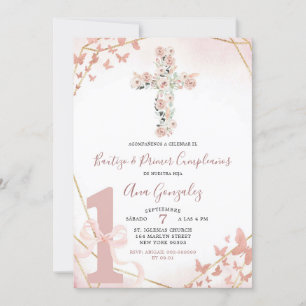 Invitation Élégant Boho Blush Baptême rose et premier anniver