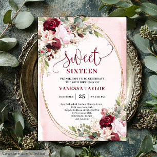 Invitation Élégant Boho Blush Bourgogne Floral Sweet Seize an
