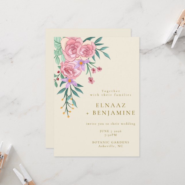 Invitation Elégant Boho Blush Rose Aquarelle Mariage Floral (Devant/Arrière en situation)