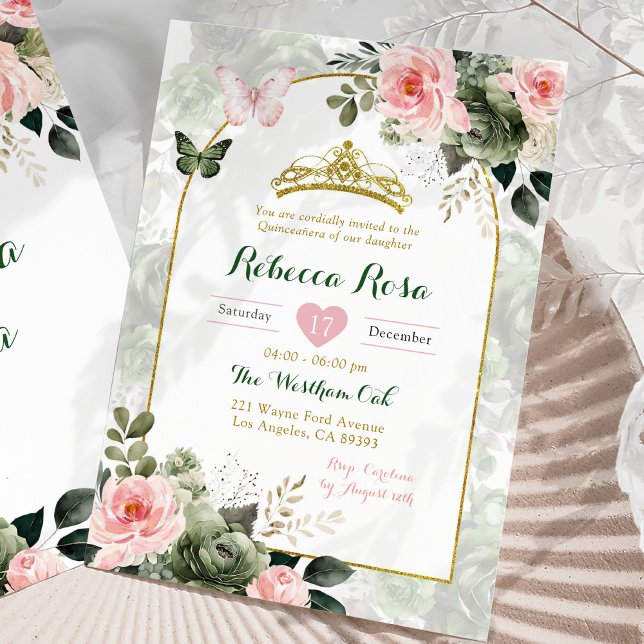 Invitation Elégant Boho Blush Rose Sage Green Quinceañera (Créateur téléchargé)