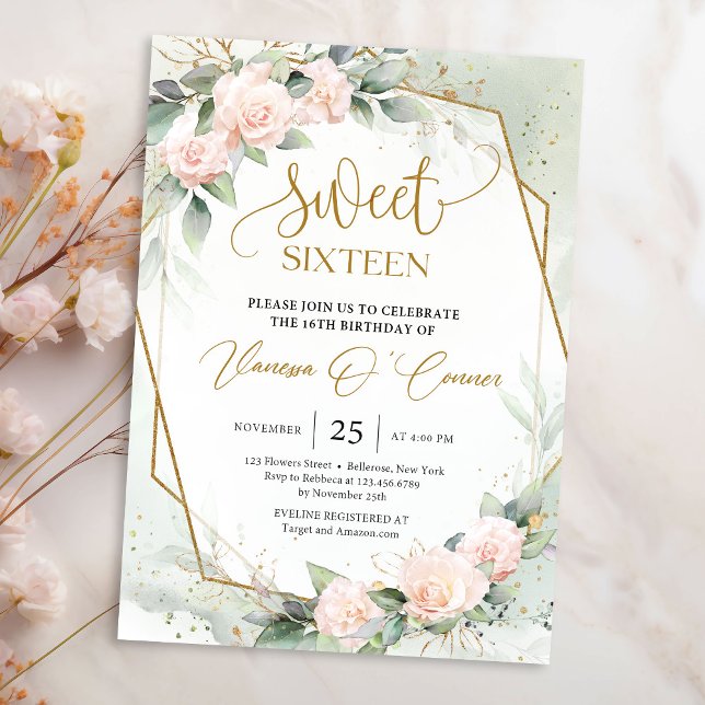 Invitation Elégant boho blush roses et cadre d'or eucalyptus (Soft pastel pink roses greenery and gold frame sweet sixteen invitation template)