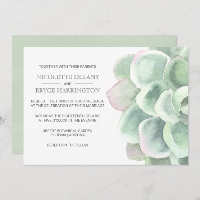 Invitation Élégant Boho Botanique Sage Mariage Succulent (Devant / Derrière)