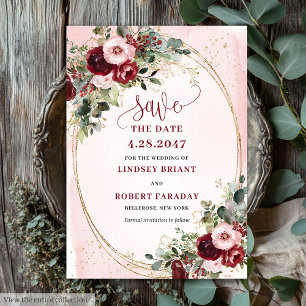 Invitation Élégant Boho Bourgogne Blush Or Floral Save Date