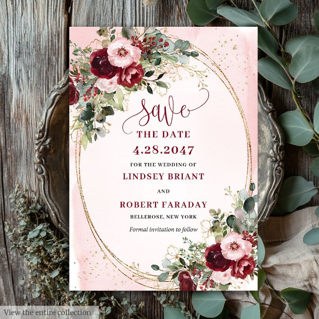 Invitation Élégant Boho Bourgogne Blush Or Floral Save Date (Elegant Boho Burgundy Blush Gold Floral Save Date)