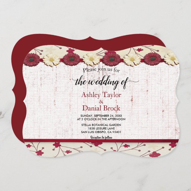 Invitation Élégant Boho Bourgogne Classy Moderne Floral Maria (Devant / Derrière)