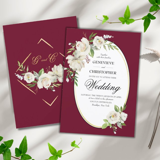 Invitation Elégant Boho Bourgogne Floral Mariage Or (ELEGANT CLASSIC BURGUNDY BOHO WHITE ROSES WEDDING INVITATION)