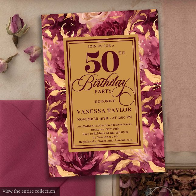 Invitation Elégant Boho Bourgogne Gold Floral 50e anniversair (Elegant Boho Burgundy Gold Floral 50th Birthday Invitation)