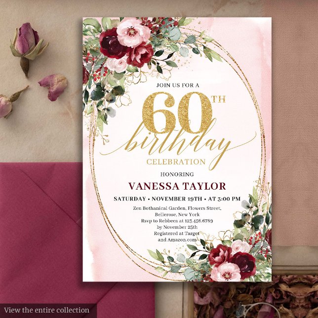 Invitation Élégant Boho Bourgogne Or Floral 60e Anniversaire (Elegant Boho Burgundy Gold Floral 60th Birthday)