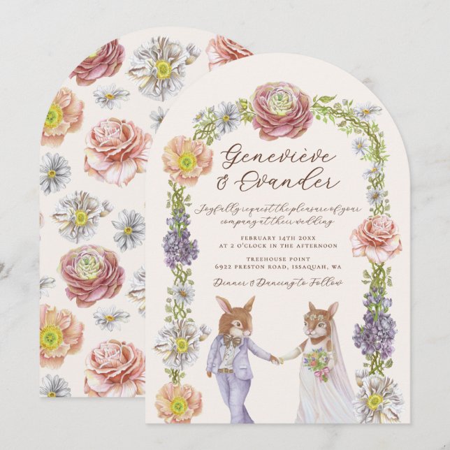 Invitation Elégant Boho Bunny Amour Aquarelle Mariage floral (Devant / Derrière)