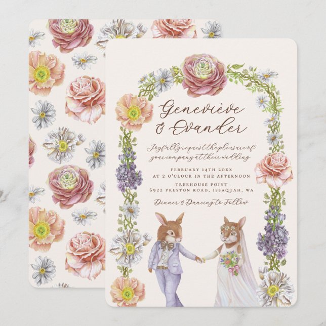 Invitation Elégant Boho Bunny Rabbit Amour Aquarelle Mariage (Devant / Derrière)
