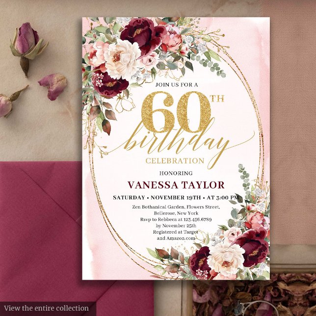 Invitation Elegant Boho Burgundy Blush Roses 60th Birthday (Elegant Boho Burgundy Blush Roses 60th Birthday)