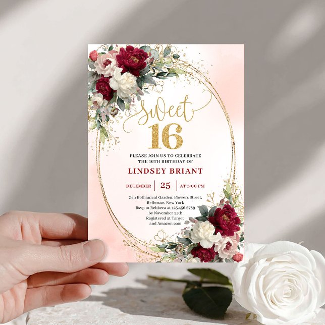 Invitation Elegant Boho Burgundy Gold Floral 16th Birthday  (Elegant Boho Burgundy Gold Floral 16th Birthday Invite)