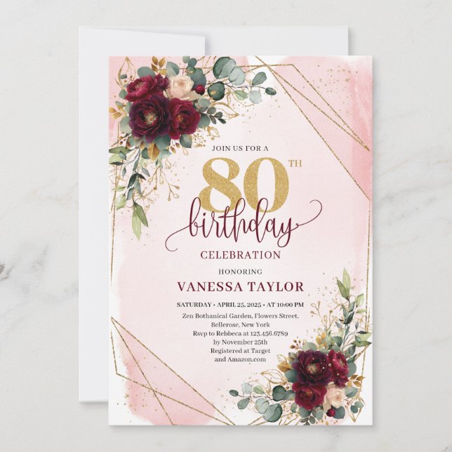 Invitation Elégant Boho Burgundy Gold Roses 80e anniversaire (Devant)