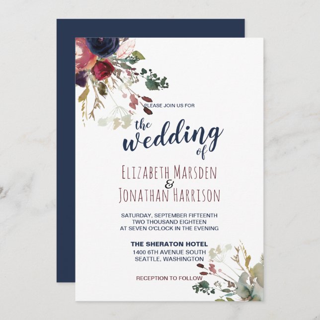 Invitation Elégant Boho Burgundy Navy Blue Floral Mariage (Devant / Derrière)