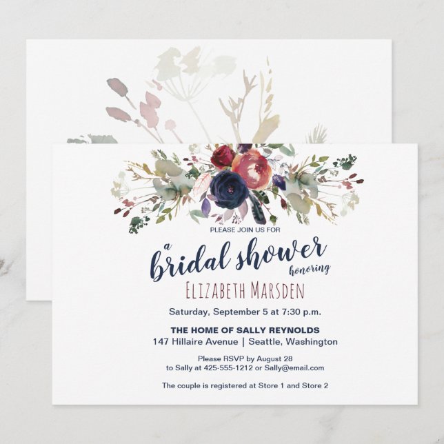 Invitation Elégant Boho Burgundy Navy Fête des mariées floral (Devant / Derrière)