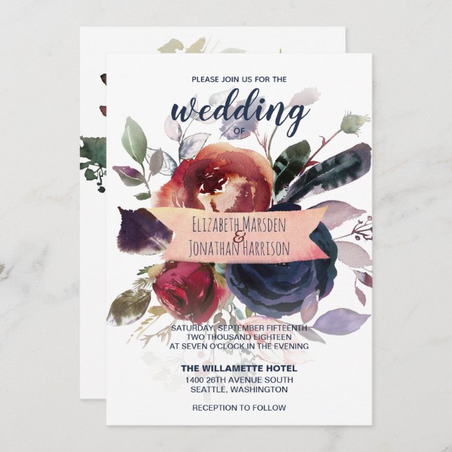 Invitation Elégant Boho Burgundy Navy Mauve Floral Mariage (Devant / Derrière)