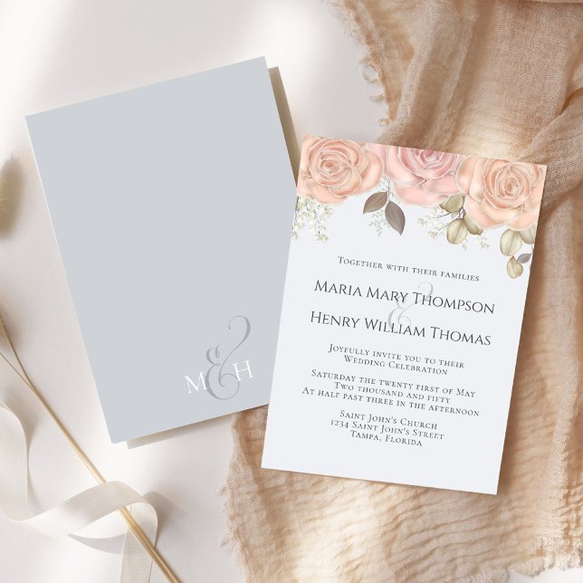 Invitation Élégant Boho classique Floral Rose bleu clair (Elegant blush and light blue rose gold floral wedding invitation)
