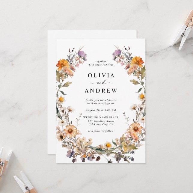 Invitation Elegant Boho Country Fleur sauvage Mariage botaniq (Devant/Arrière en situation)