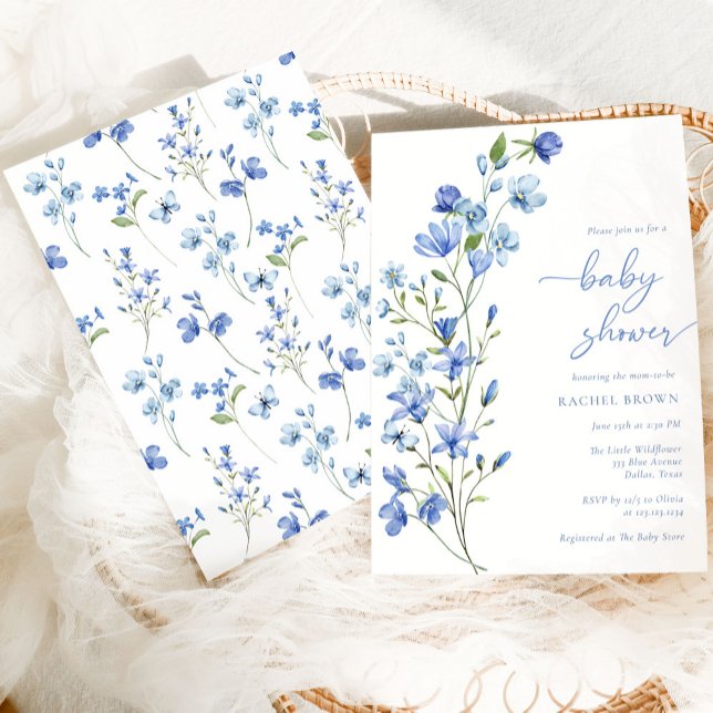 Invitation Elégant Boho Dusty Baby shower Fleur sauvage bleu (Créateur téléchargé)