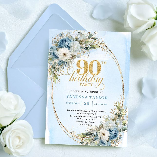 Invitation Elegant Boho Dusty Blue Floral Gold 90th Birthday (Elegant Boho Dusty Blue Floral Gold 90th Birthday Invitation)