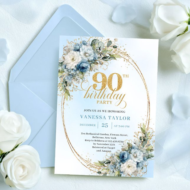 Invitation Elegant Boho Dusty Blue Floral Gold 90th Birthday (Elegant Dusty Blue Floral Gold 90th Birthday Invite

)