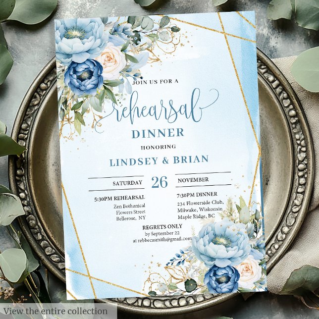 Invitation Élégant Boho Dusty Blue Floral Gold Rehearal (Elegant Dusty Blue Floral Gold Rehearsal Invitation)