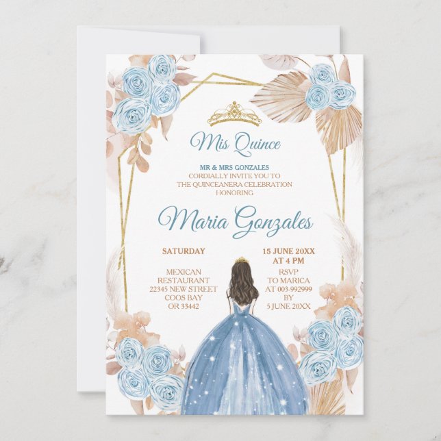Invitation Elégant Boho Dusty Blue Floral Princess Sweet 15e (Devant)