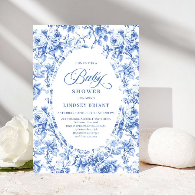 Invitation Elegant Boho Dusty Blue Toile de Jouy Baby Shower (Elegant Dusty Blue Toile de Jouy Baby Shower Invite)