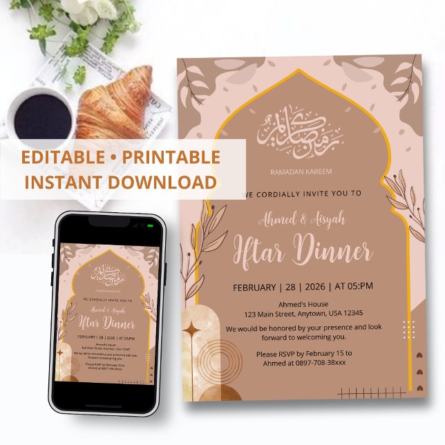 Invitation Elegant Boho Earth Tone Islamic Arch Iftar Dinner (Créateur téléchargé)