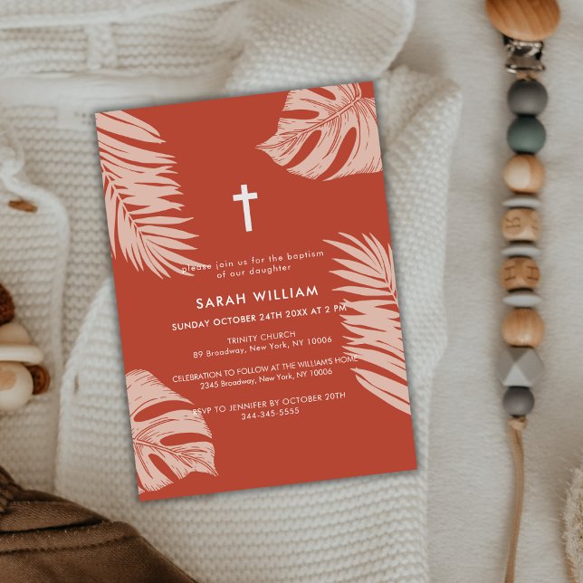 Invitation Élégant Boho en terre cuite Feuilles Croix Baptême (Elegant Terracotta Boho Leave Gold Cross Baptism Invitation)
