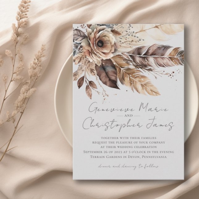 Invitation Elégant Boho Feather Floral Aquarelle Mariage (Créateur téléchargé)