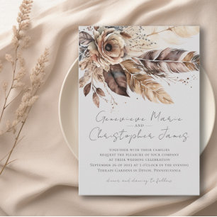 Invitation Elégant Boho Feather Floral Aquarelle Mariage