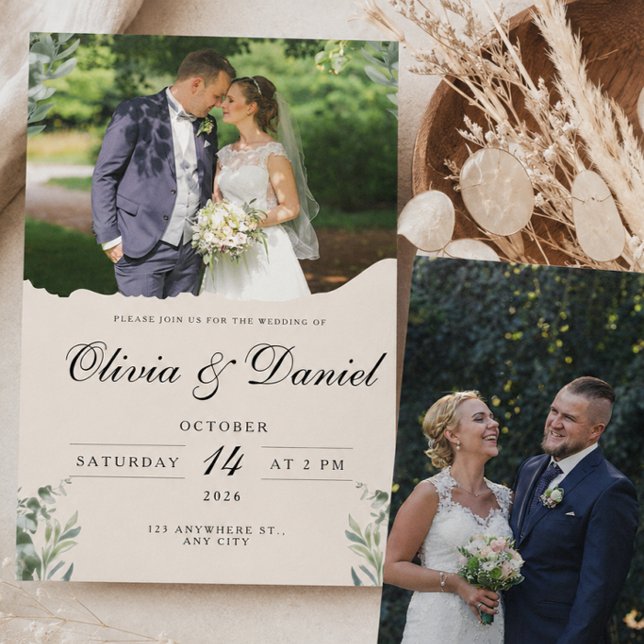 Invitation Élégant Boho Feuilles d'Eucalyptus & Photo de Mari (Créateur téléchargé)