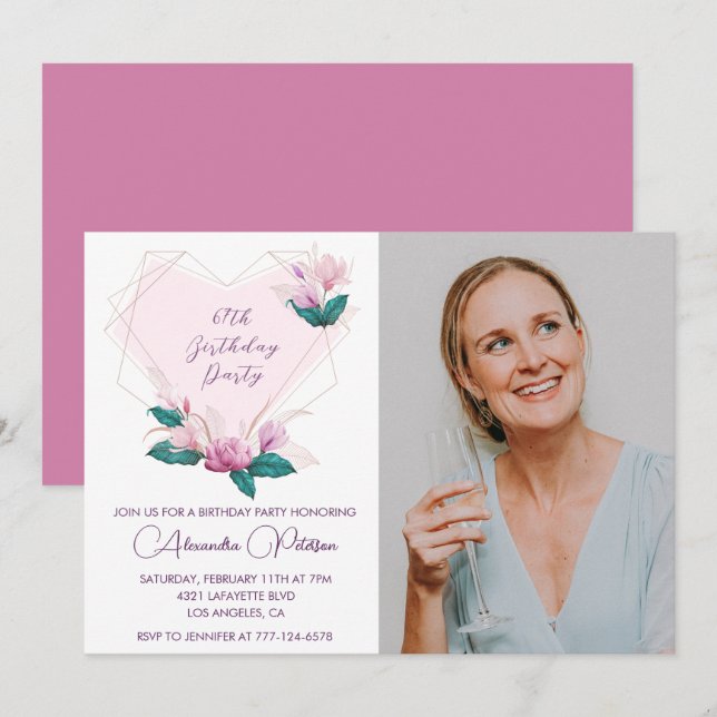Invitation Élégant Boho Fleur Rose Photo 67e anniversaire (Devant / Derrière)