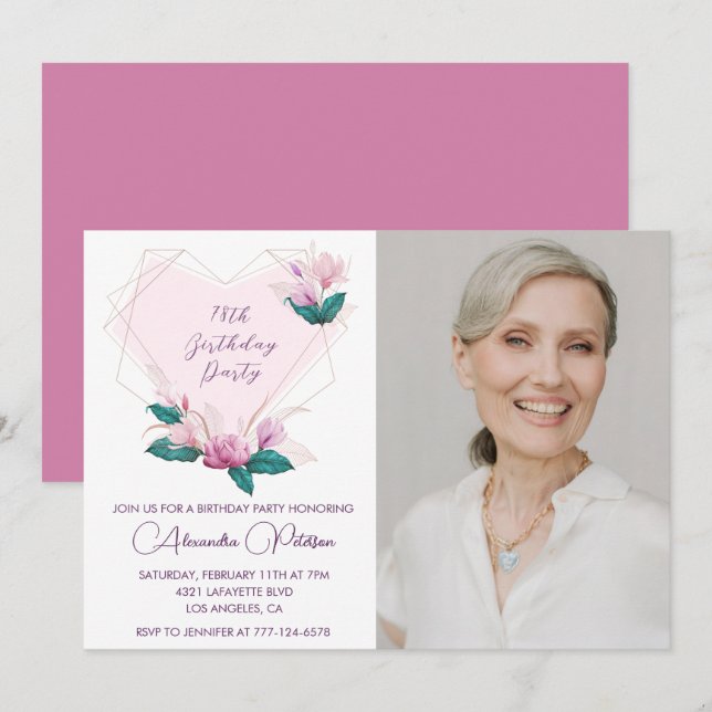 Invitation Élégant Boho Fleur Rose Photo 78e anniversaire (Devant / Derrière)