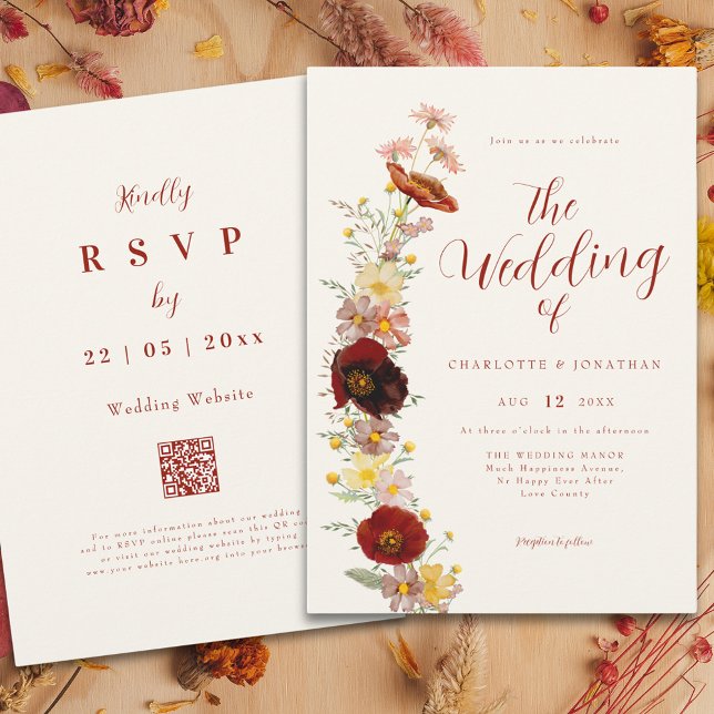 Invitation Élégant Boho Fleur Sauvage Automne (Elegant boho wildflower fall peach brown burnt orange wedding qr code invitation )
