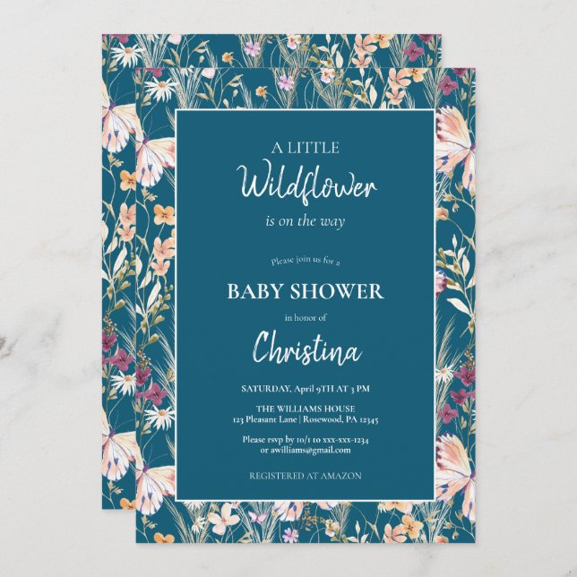 Invitation Elégant Boho Fleur sauvage Baby shower bleu (Devant / Derrière)