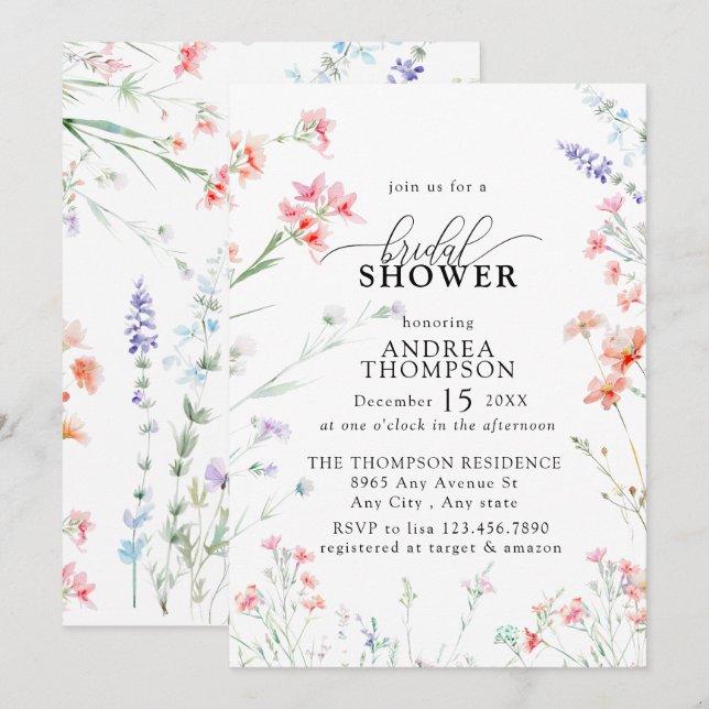 Invitation Elegant Boho Fleur sauvage Fête des mariées floral (Devant / Derrière)