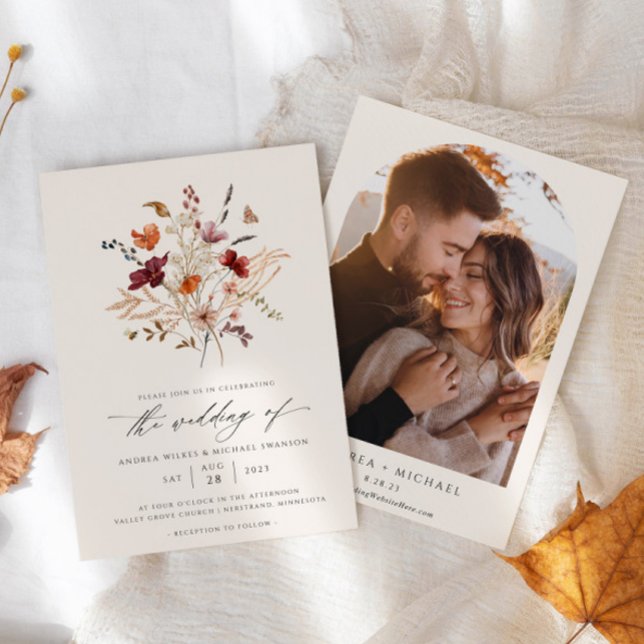 Invitation Elegant Boho Fleur sauvage photo Mariage de automn (Boho Wildflower Wedding Invitation Fall Bouquet)