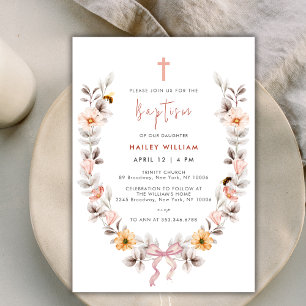 Invitation Élégant Boho Fleur sauvage Wreath Girl Baptism
