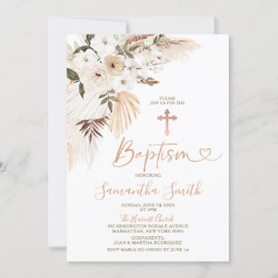 Invitation Elégant Boho Fleurs blanches Christening Baptême