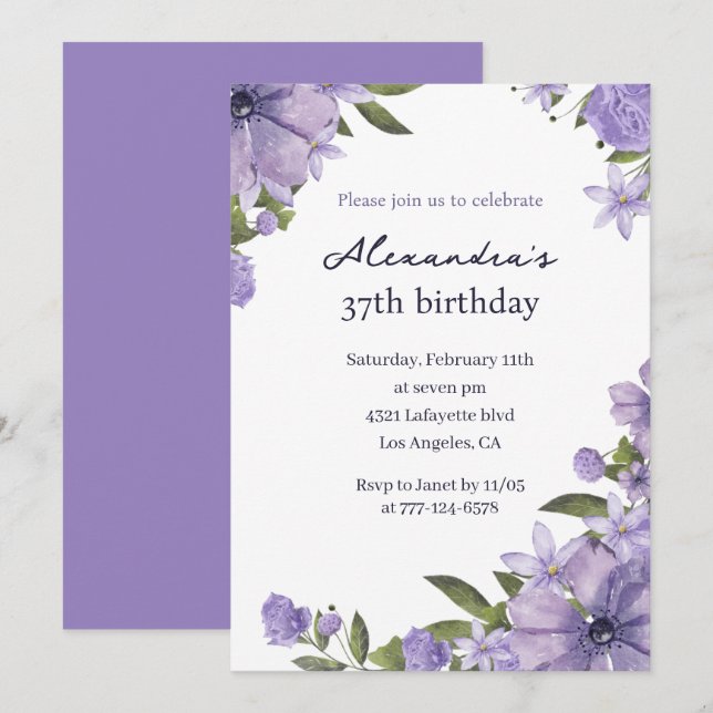 Invitation Élégant Boho Floral Aquarelle 37e anniversaire (Devant / Derrière)