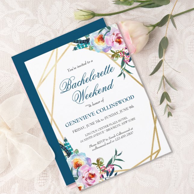 Invitation Élégant Boho Floral Bachelorette Week-end Itinérai (PRETTY BLUE BOHO FLORAL BACHELORETTE WEEKEND INVITATION WITH ITINERARY)