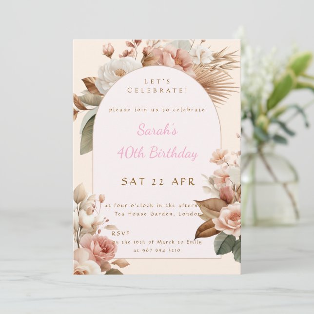Invitation Elegant Boho Floral Birthday Invite (Debout devant)